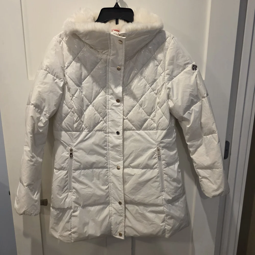 Kate Spade Women's Down & Feather Puffer Quilted Fur Collar Coat White Medium